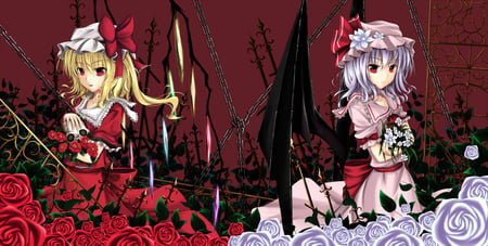 anime - flowers, yelow hair, red dress, purple hair, demon, red eyes