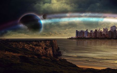 THE CITY - rainbow, sky, ocean, beach, planets, clouds, city, fantasy