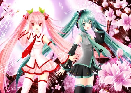 Sakura Miku & Hatsune Miku - tie, pretty, artistic, realism, real, pink, uniform, flowers, pink eyes, nice, voclaoid, program, hot, thighhighs, beauty, virtual, petals, cg, white, cute, aqua eyes, song, sexy, anime, twintail, hatsune miku, music, aqua, red, sakura miku, pink hair, art, idol, anime girl, sakura, skirt, realistic, beautiful, singer, girl, cool, black, miku, awesome, diva, digital, aqua hair, hatsune, vocaloids