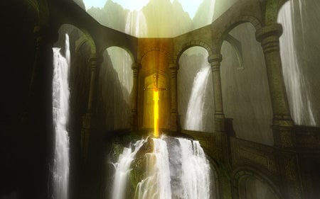 Magic Sword - abstract, waterfalls, fantasy, magic, temple, sword, mountains