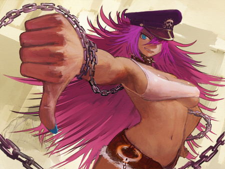 You're going DOWN!!!! - hat, handcuffs, final fight, chain, capcom, long hair, poison, smile, shorts, games, video games, pink hair, blue eyes