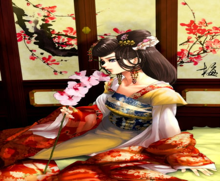 Japan Girl - anime girl, female, cherry blossom, beauty, flowers, japan clothes, rose, rose head, japan girl