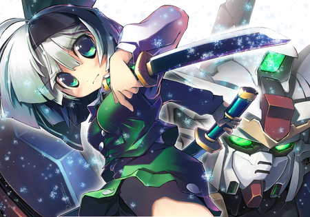 Youmu - game, anime, girl, sword, gundam, white hair, samurai, touhou, mobile suit gundam, dangerous, katana, weapon, konpaku youmu, video game