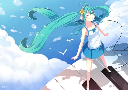 Vocaloid - hatsune miku, sky, long hair, aqua hair, piano, summer dress, wink, aqua eyes, flower