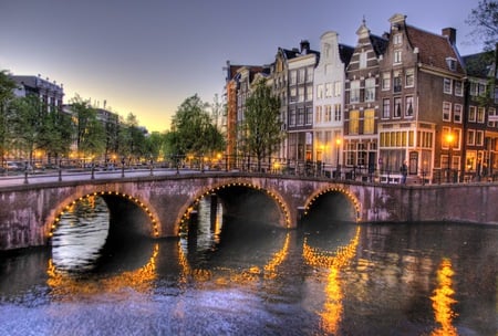 amsterdam - sky, building, trees, reflection, architecture, water, lamp, bridge