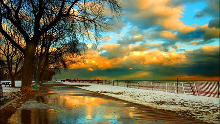 Sunrise sky - morning, trees, clouds, peaceful, water, golden, sunrise