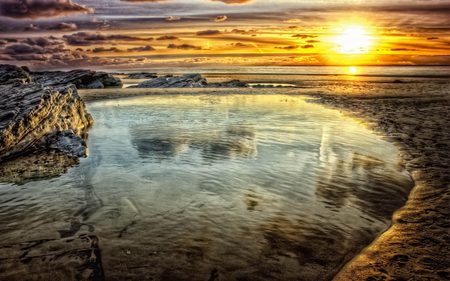 Beautiful Sunset - beauty, horizon, sky, beach, golden sunset, peaceful, sun, sunset, other, view, yellow, reflection, clouds, golden, hdr, sand, rays, ocean, lake, sunlight, summer, lovely, nature, beautiful, tide, splendor, colors, pool, sea