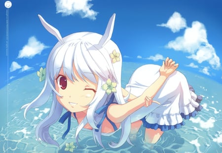 persona 4 - summer dress, wink, wet, long hair, sky, red eyes, white hair