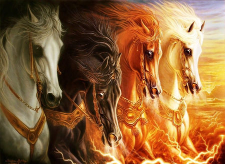 Fire Stallions - abstract, black, fantasy, white, fire, red, stallions, horse