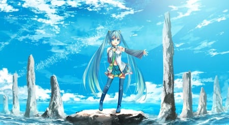 Hatsune Miku - aqua, hot, sun, headset, music, anime girl, shine, white, art, cool, strip, artistic, hatsune miku, sexy, skirt, light, song, vocaloids, program, glow, vocaloid, beautiful, uniform, sea, diva, beauty, nice, sky, sunshine, water, twintail, singer, rock pillars, black, rocks, virtual, pretty, clouds, idol, anime, miku, cute, ocean, girl, pillars, cg, hatsune, microphone, headphones, scenery, tie, awesome, digital