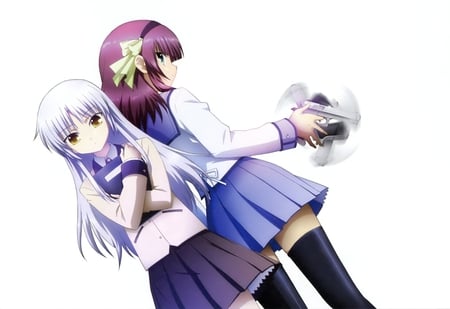 Angel beats - gun, yellow eyes, yuri, tenshi, long hair, uniform, purple hair, purple eyes