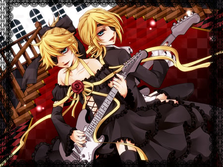 vocaloid - dress, kagamine len, blonde hair, flower, llolipop, short hair, guitar, kagamine rin, blue eyes