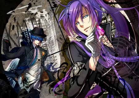 vocaloid - black, vocaloid, kaito, blue haur, blue etes, purple hair, blue eyes