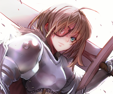 Knight Commander - fighter, anime girl, warrior, beautiful, hot, sword, beauty, brown hair, eye patch, short hair, armor, blade, cute, weapon, sexy