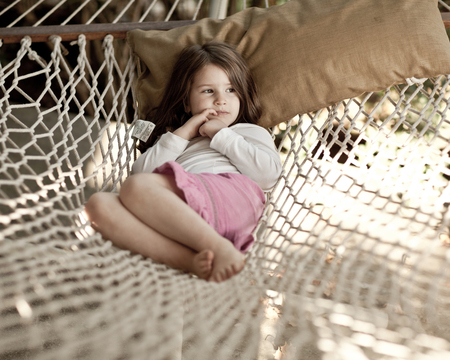 Let me rest - cute little girl, little lady, pillow, stare, child, hammok, lovely face, thinking, serious, little girl, sweet baby, sunny day, relax