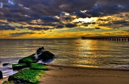 WONDERFUL HDR - sky, ocean, beach, sunset, wonderful, pier, clouds, golden, hdr