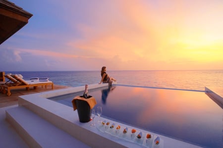 Romantic - relax, pretty, calm, female, food, romance, terrace, villa, exotic, nice, gourmet, lounge, house, vacation, love, drink, patio, lady, sunset, reflection, view, sky, sun, water, beautiful, photography, sea, cool, lovely, ocean, harmony, champagne, glasses, pool, woman, panorama, peaceful