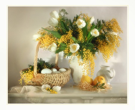 still life - nice, straw, photography, tulips, basket, bouquet, still life, white, eggs, pretty, yellow, cool, harmony, soft, fruits, lovely, vase, lemon, beautiful, tulip, flowers, photo, elegantly, flower