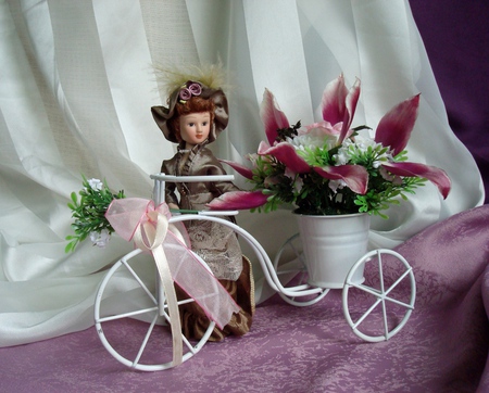 still life - nice, photography, tulips, bouquet, still life, cool, pretty, ribbon, harmony, bicycle, lovely, doll, beautiful, tulip, flowers, photo, flower, elegantly