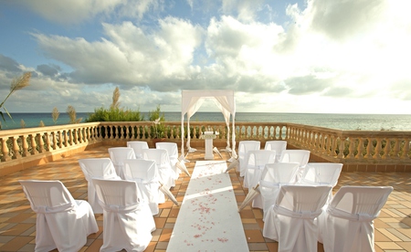 Romance - beauty, sky, paradise, terrace, peaceful, chairs, white, view, modern, pretty, clouds, petals, romance, architecture, sunny, rose petals, resort, love, ocean, wedding, summer, lovely, nature, chair, luxury, romantic, beautiful, sea