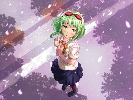 Vocaloid - green eyes, petals, gumi, blush, uniform, green hair, dress