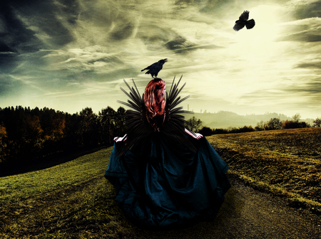 The Long Road - woman, dark angel, black dress, sky, angel, black, road, fantasy, nature, crow, dark, clouds, grass