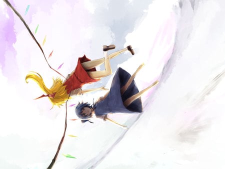 Touhou - white, touhou, blonde hair, flandre scarlet, cirno, dress, blue hair, lefthand