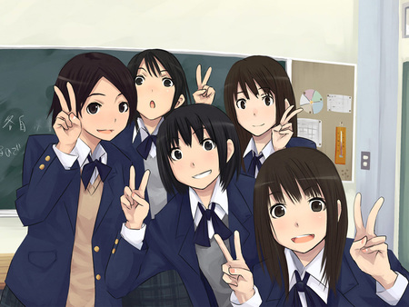 okiru - brown eyes, school, blush, brown hair, long hair, uniform, short hair, group, okiru, black eyes, black hair