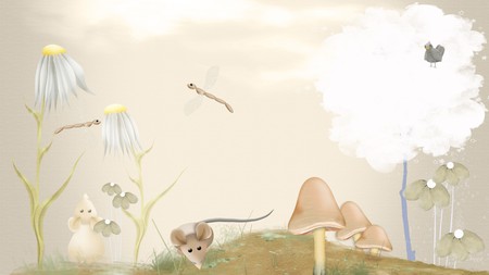 Mouse Adventures - bird, mouse, firefox persona, tree, toad stools, flowers, mushrooms, mice, dragonfly