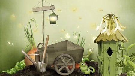 Bugs Garden Home - wagon, fireflies, lamp, light, bug, peas, firefox persona, caterpillar, garden, lightning bugs, worm, vegetable, onion