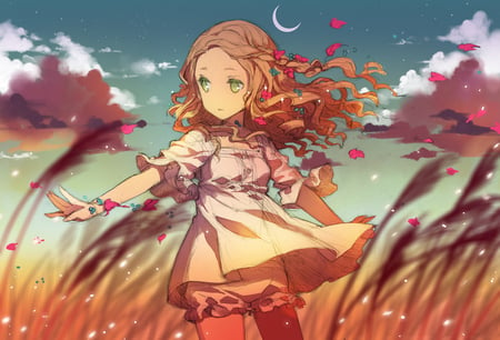 Persona 4 - sky, green eyes, petals, long hair, dress, brown hair