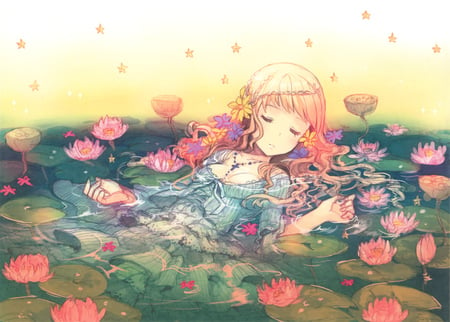 Persona 4 - sleeping, hat, orange hair, wet, long hair, flower, dress