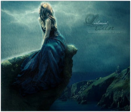 Listening to the rain - storm, abstract, fantasy, rain, girl, ocean, mountains, statue