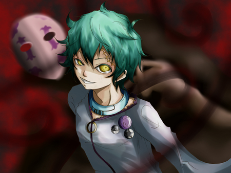 anime - red, yelow eyes, green hair, collar, mascar, demon