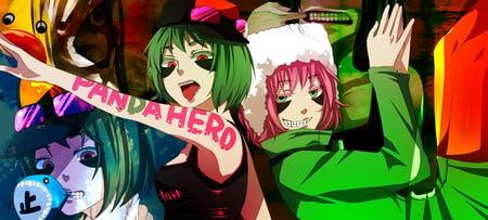 vocaloid - greee hair, panda hero, rock, blush, colors, luka, miku, blue hair, pink hair