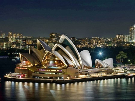 sydney opera house - water, music, colorful, other, modern, austrailia, cool, architecture, artistic, houses, opera, night, light color, skyscrapers, entertainment, sydney opera house, australia, sea, sydney