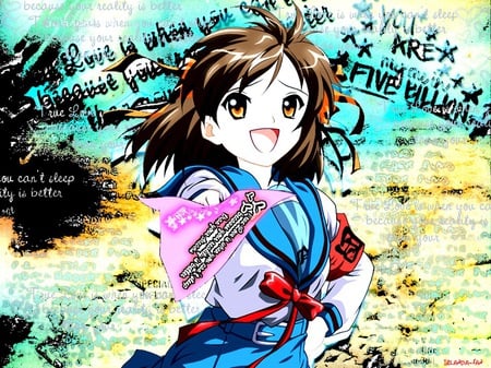 Haruhi Suzumiya - pretty, colorful, anime school girl, anime girl, haruhi suzumiya, cool, brown hair