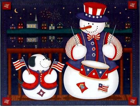 July 4th Snowman - tophat, snowman, american flag, dog, fireworks