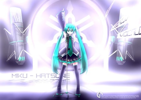 Hatsune Miku - tie, pretty, artistic, stage, pink, uniform, headphones, nice, program, thighhighs, beauty, virtual, cg, white, lights, cute, aqua eyes, song, vocaloid, anime, twintail, hatsune miku, microphone, music, aqua, tv, art, idol, anime girl, skirt, beautiful, singer, girl, cool, black, glow, miku, awesome, diva, digital, aqua hair, hatsune, vocaloids, headset