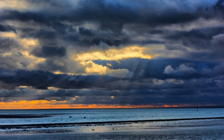 Beautiful Sky - blue, beach, splendor, sand, view, sky, storm, clouds, sunlight, beautiful, sea, stormy, beauty, colors, lovely, ocean, colorful, nature, rays, waves, peaceful