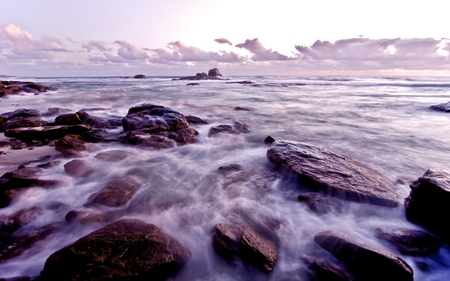 Sunset on Redgate Beach - purple, rocks, beach, sunset, sea, nature