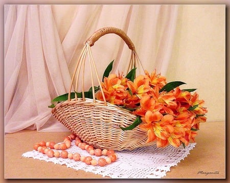 Still life - simple, beautiful, flowers, lace, still life, beads, pastel, natural, photography, basket, arrangement, nature, color