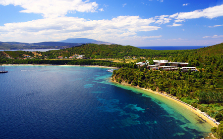 Koukounaries Beach - beaches, aegean sea, sky, trees, water, hotel, greece, nature, beautiful, clouds, koukounaries, skiathos, sea