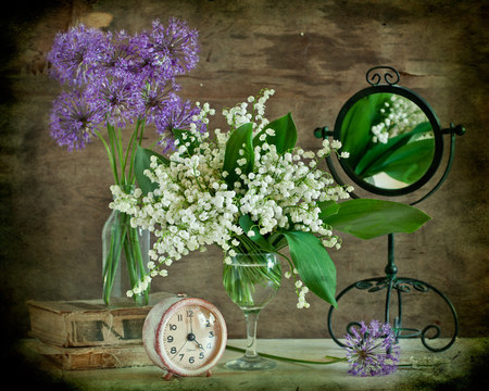 still life - pretty, elegantly, clock, books, photo, reflection, gentle, flowers, mirror, old, nice, beautiful, photography, beauty, lovely, cool, still life, flower, bouquet, harmony, lily of the valley, cup