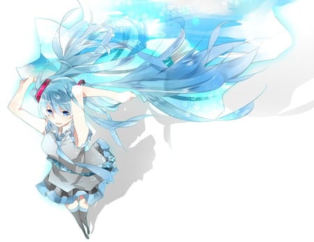 Vocaloid - headphones, white, dress, aqua hair, hatsune miku, long hair, blue eyes