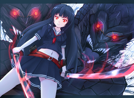 Psychosocial - weapons, long hair, red, katana, school girl, anime girl, beautiful, hot, sukesan, orginal, sword, beauty, tagme, cool, fang, red eyes, badass, blades, awesome, black hair, wicked, cute, sexy