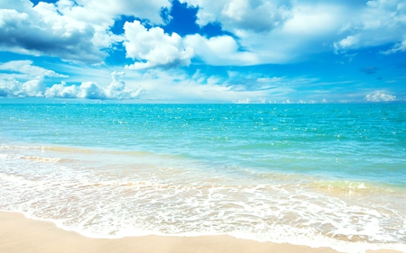 Blue Ocean - clouds, pretty, water, coast, blue, beach, beautiful, sea, ocean, sand, nature, waves, sky