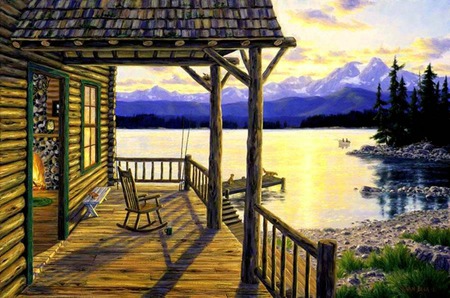 Sunrise Fishing - clouds, trees, cabin, fishing, boat, dock, chair, railing, porch, lake, mountains