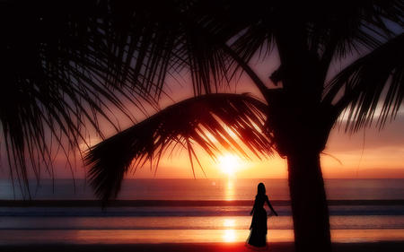 Tropical Sunset - pretty, coast, beach, evening, balearic, stunning, shining, gorgeous, sky, sun, women, palms, water, beautiful, girl, sea, ocean, girls, nature, sunset, enchanting, woman, waves, adorable