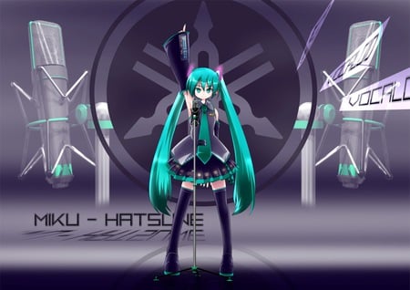 Hatsune Miku - tie, pretty, artistic, stage, light, uniform, headphones, nice, program, beauty, virtual, cg, white, cute, aqua eyes, song, vocaloid, anime, twintail, hatsune miku, microphone, music, aqua, art, idol, anime girl, skirt, beautiful, singer, girl, cool, black, glow, miku, awesome, diva, digital, aqua hair, hatsune, vocaloids, headset